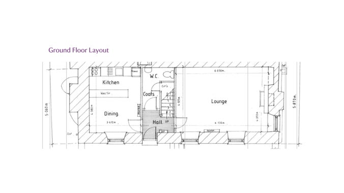 The ground floor plan for Pont Pill Farm House, showing hall, sitting room, kitchen-diner and cloakroom with toilet